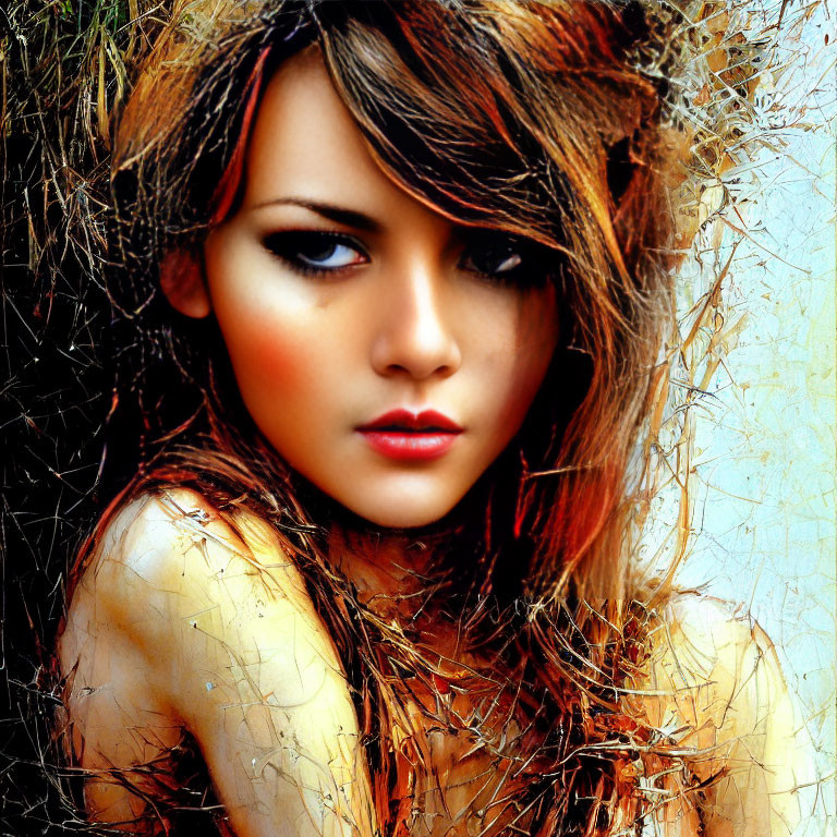 Digital artwork of a woman with striking eyes and brown hair, textured overlay for a natural look