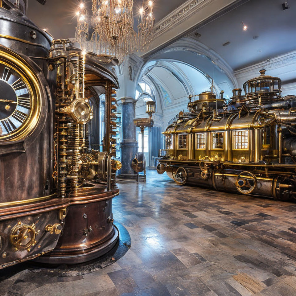 Steampunk-style brewery with polished brass equipment in elegant room