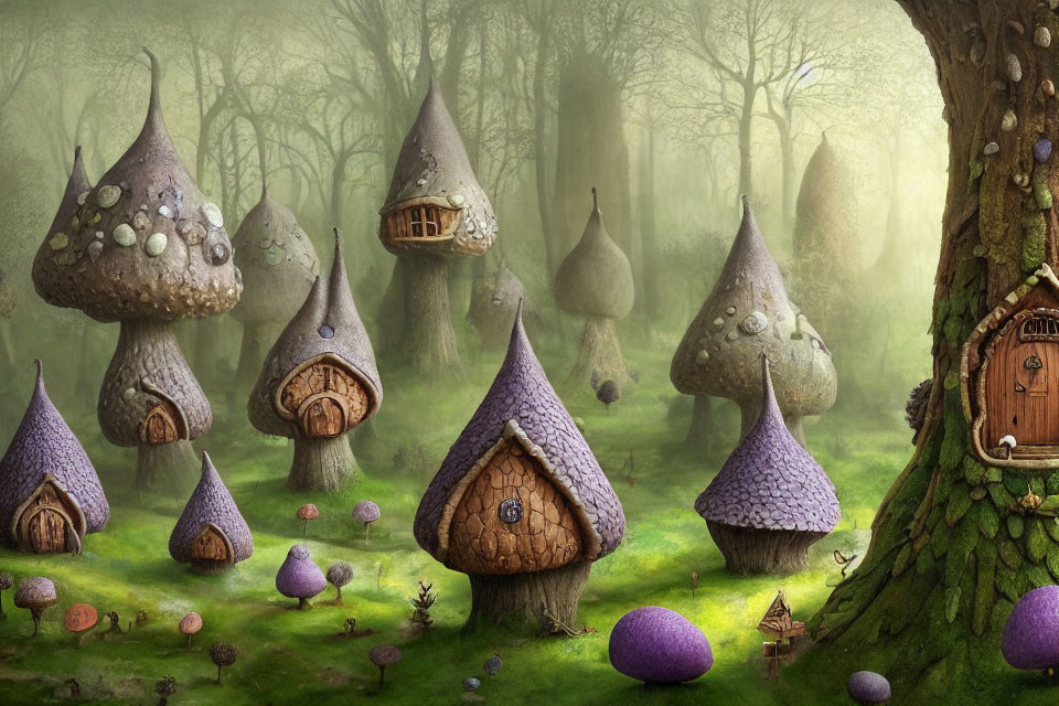 Whimsical mushroom houses in enchanted forest scenery