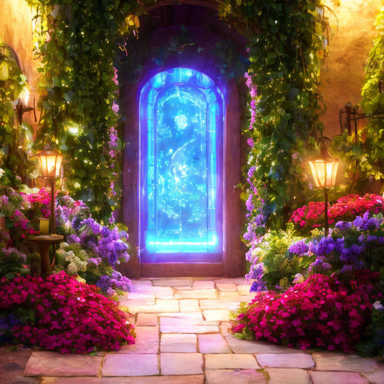 Mystical arched doorway with glowing blue light and colorful flowers