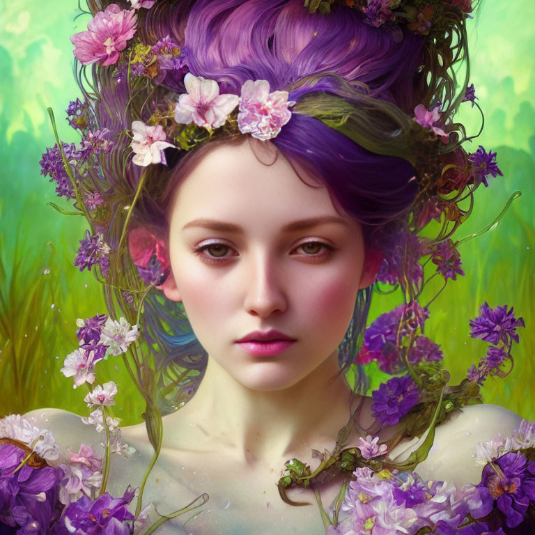 Portrait of Woman with Purple Hair and Floral Adornments on Green Background