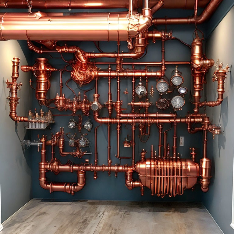 Polished Copper Pipes and Fittings with Gauges and Valves
