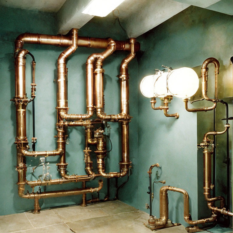 Teal Room with Polished Copper Pipes and Valves