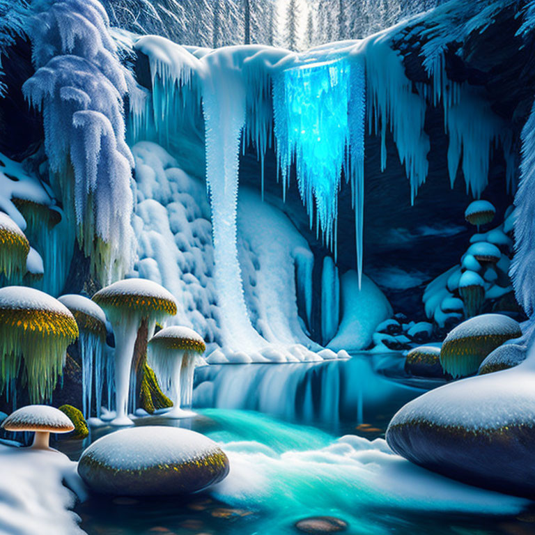 Surreal wintry landscape with glowing blue icicles and oversized mushrooms