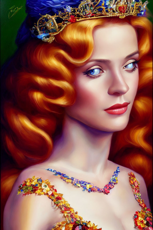 Portrait of Woman with Red Hair, Blue Eyes, Jeweled Crown, and Floral Dress