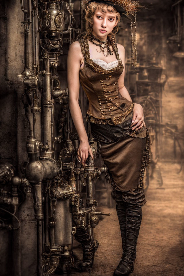Steampunk woman in corset, skirt, and hat by intricate pipes