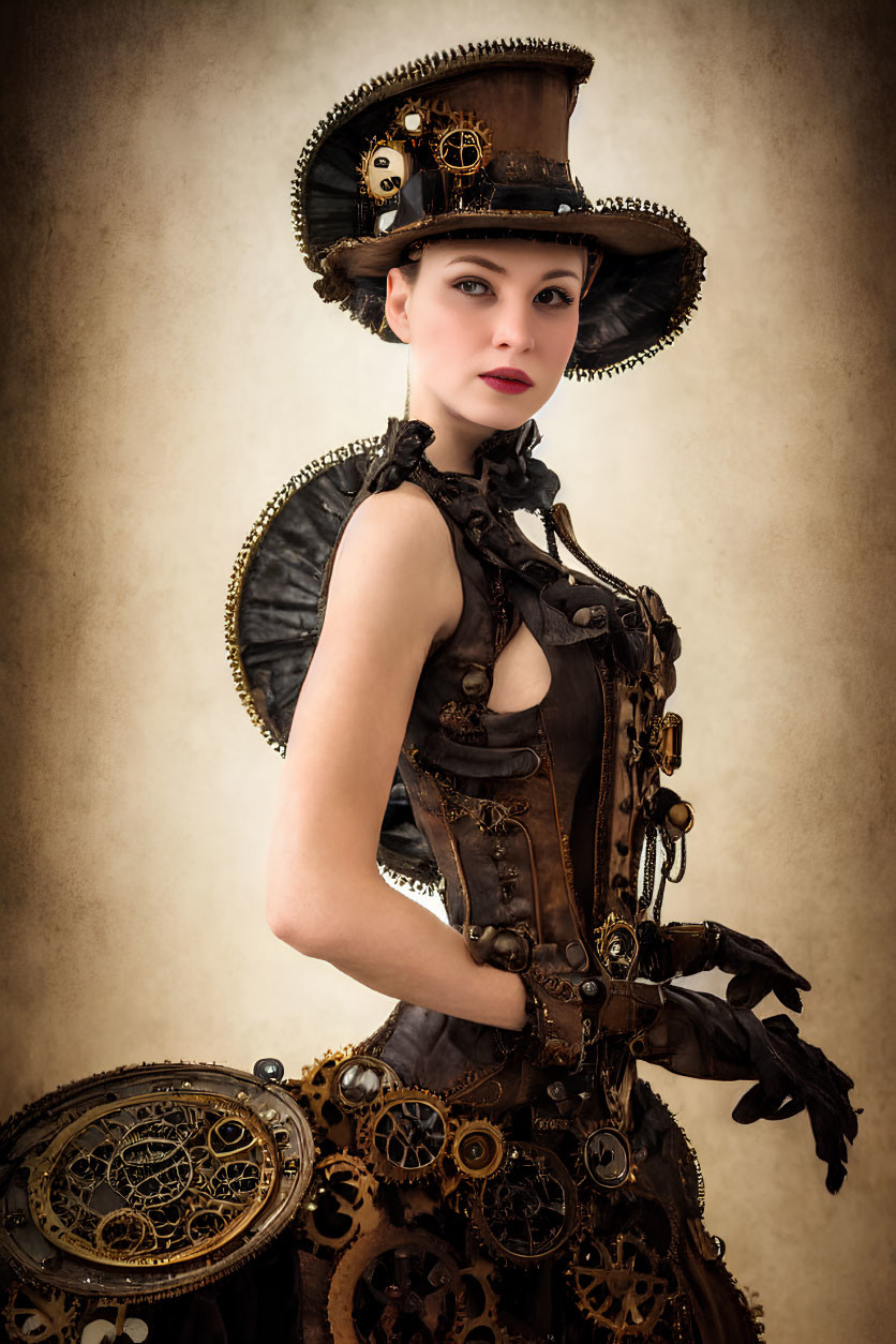 Elaborate Steampunk Attire with Gears Top Hat Woman Portrait