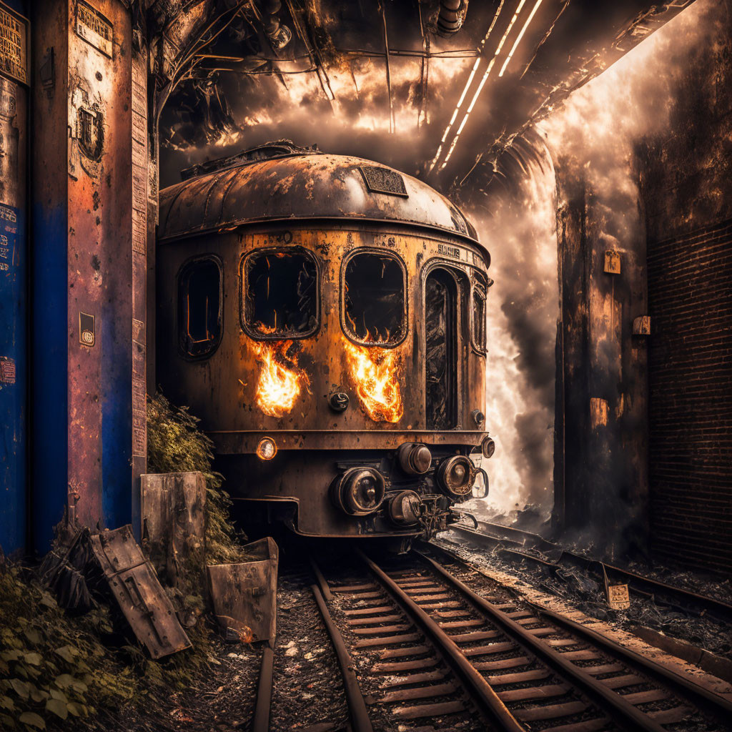 Abandoned train car engulfed in flames on desolate tracks