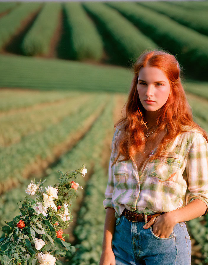 Red-haired woman in plaid shirt and jeans standing in green field with white flowers