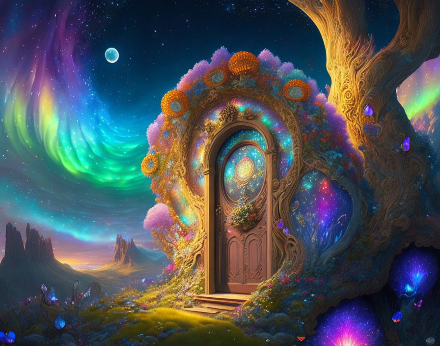 Enchanting tree with door, luminous flowers, colorful night sky, aurora borealis,