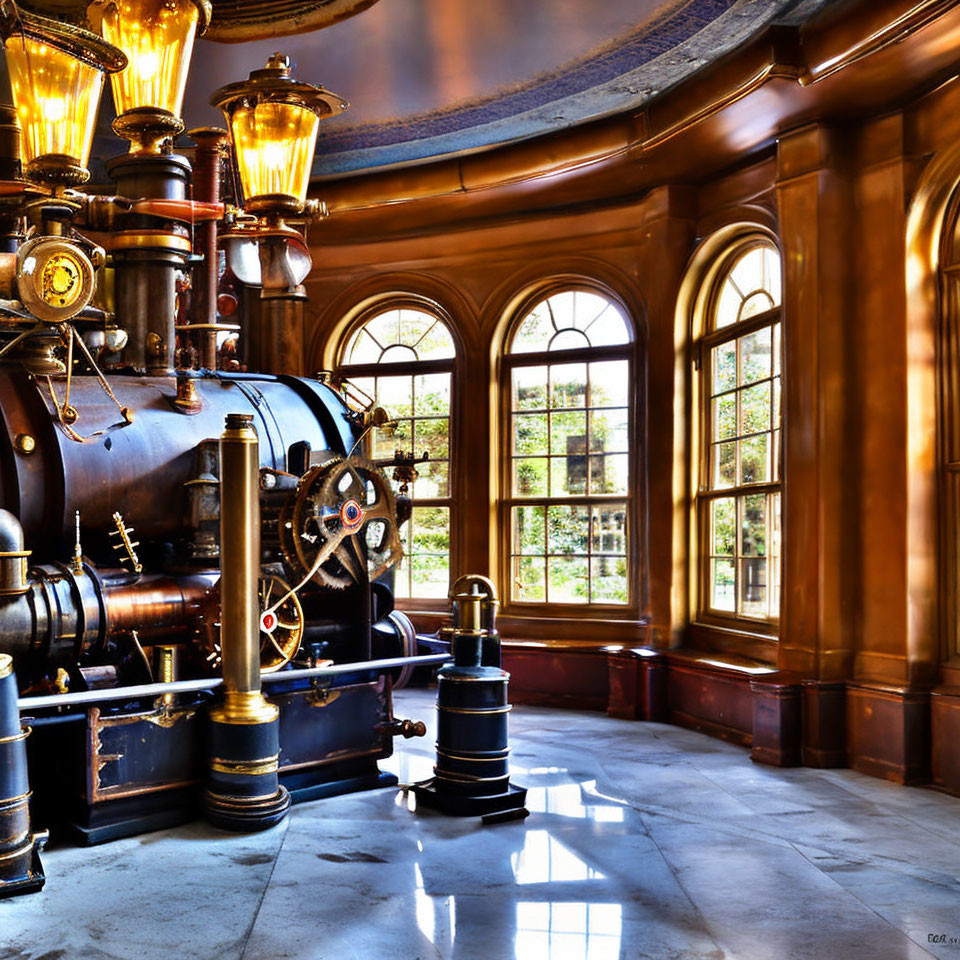 Vintage machine and brass gears in ornate room with arched windows and sunlight.