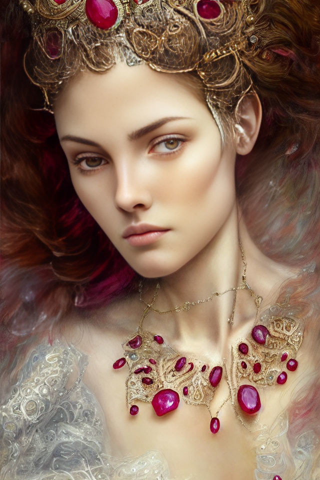 Regal woman with golden crown and red gems, auburn hair, soft background