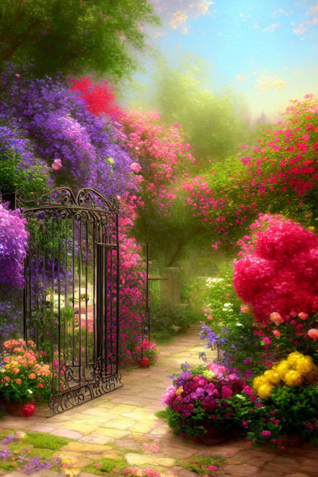 Colorful Flower-Lined Garden Path with Wrought Iron Gate
