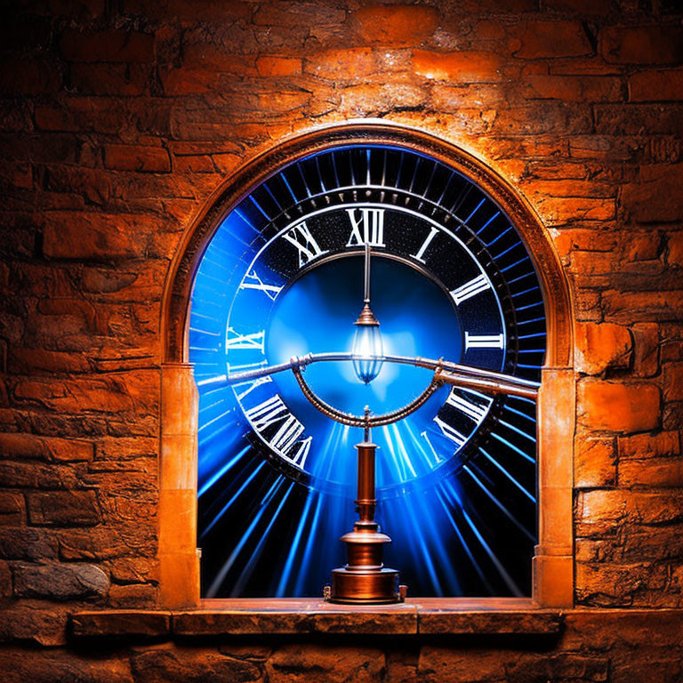 Blue Roman Numerals Clock Shining Through Arched Brick Wall Window