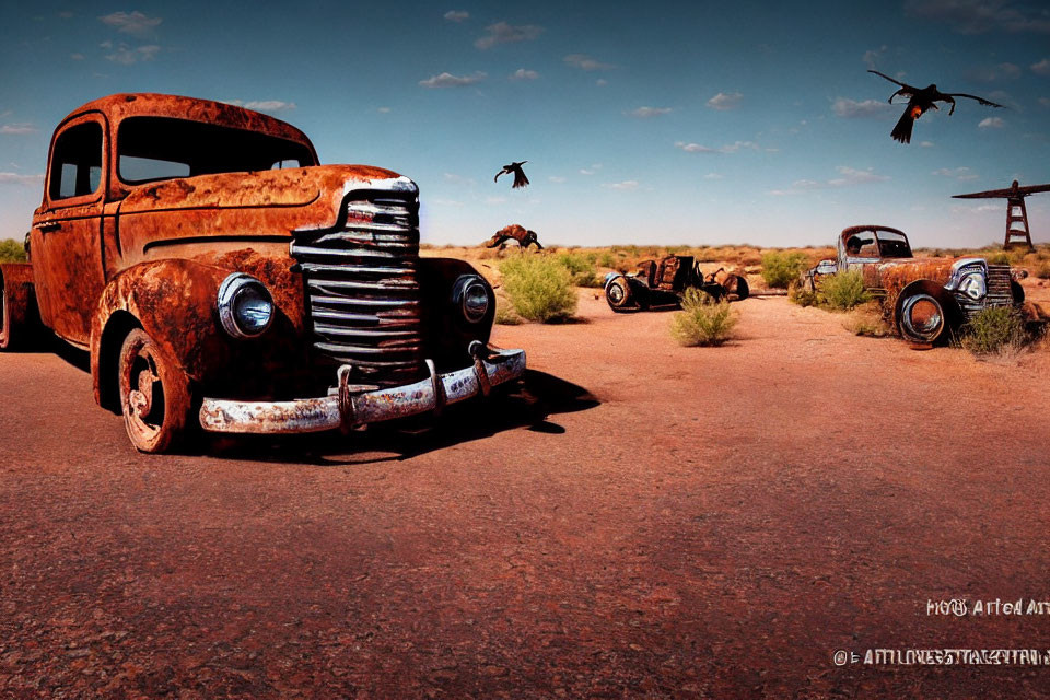 Abandoned rusty truck and car on deserted road with barren landscape and flying crows