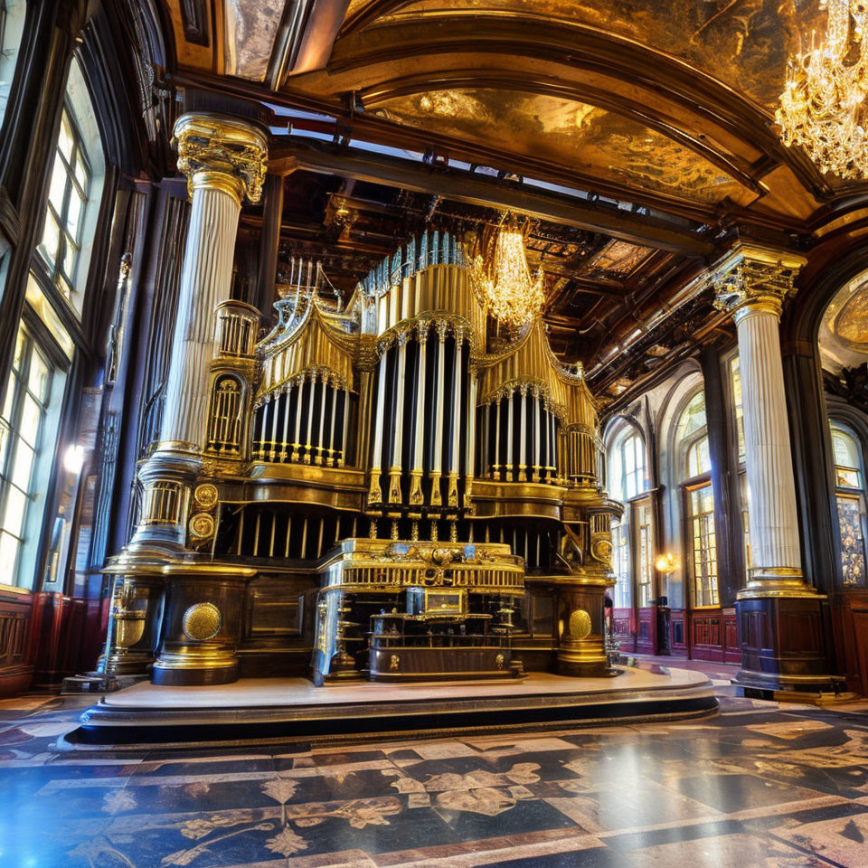 Opulent room with ornate gold-detailed pipe organ