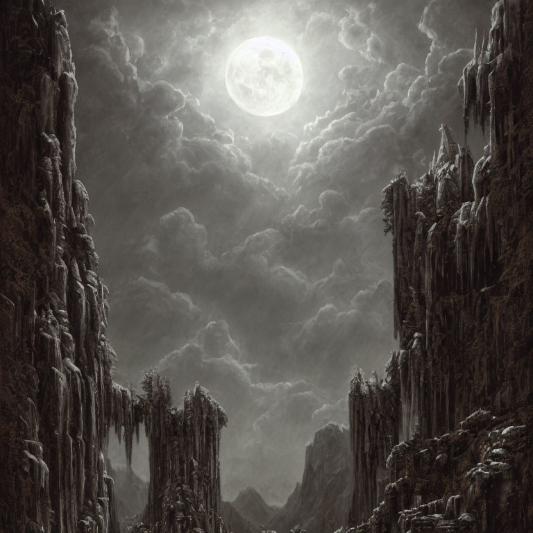 Full Moon Over Foreboding Landscape with Towering Cliffs