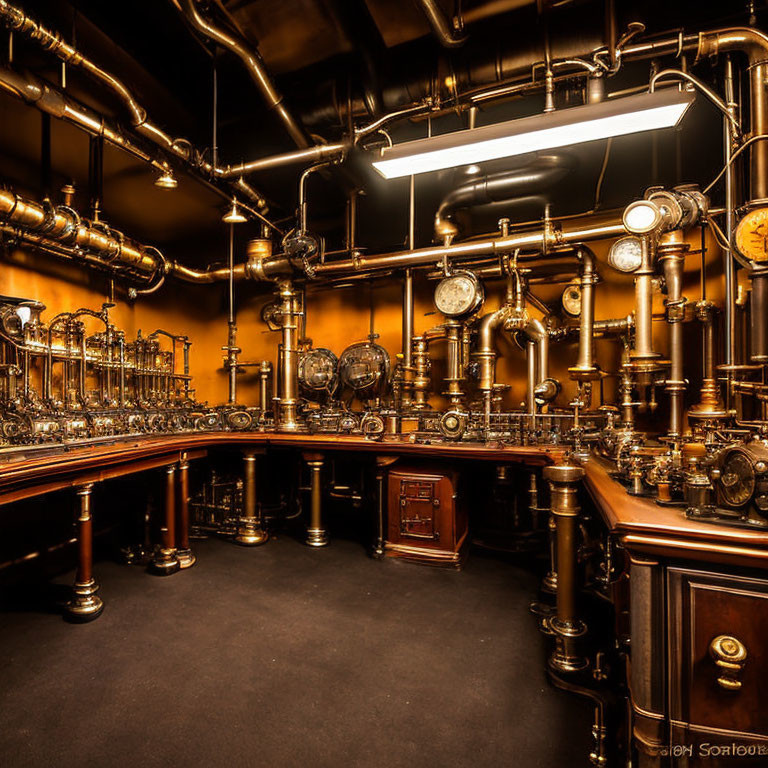 Steampunk-themed room with polished brass pipes and intricate machinery