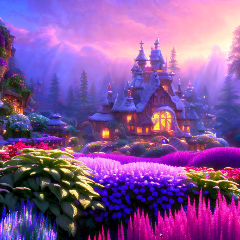 Colorful Fantasy Landscape with Whimsical Cottage and Sunset Sky