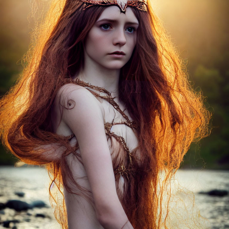 Red-haired woman adorned with earthy vines poses outdoors at dusk