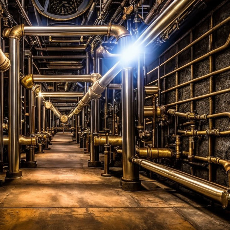 Sci-fi industrial scene with glossy metal pipes and valves under bright lights