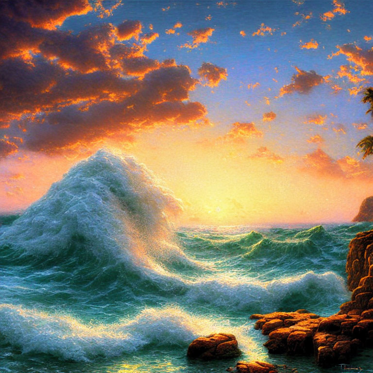 Dramatic sunset seascape with crashing waves and rocky shore