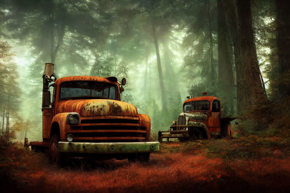 Abandoned rusty trucks in foggy forest with sunbeams