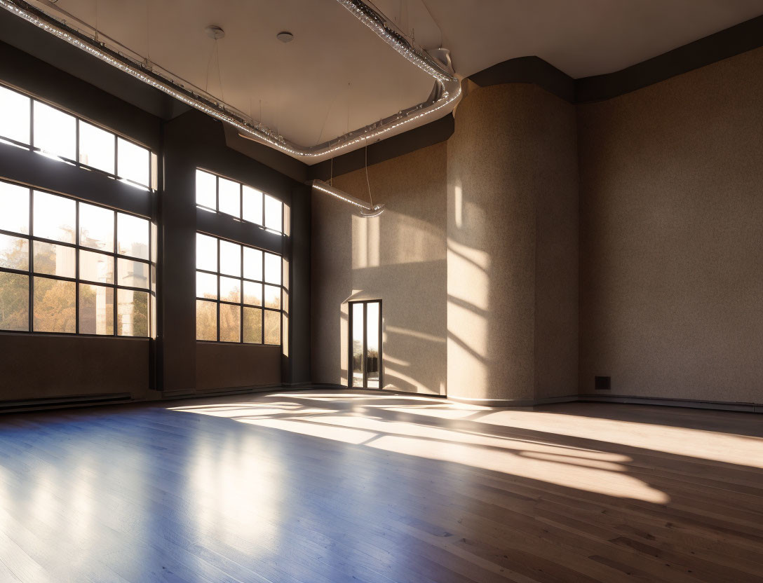 Empty Room with Large Windows, Wooden Floor, Beige Walls, and Natural Sunlight
