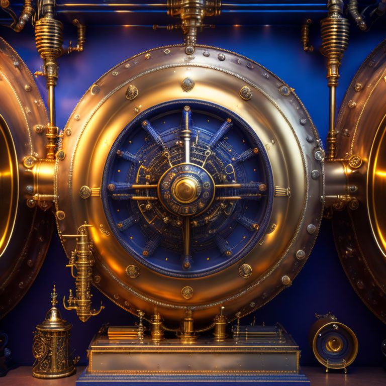 Intricate Steampunk-Style Vault Door with Brass Gears on Blue Background