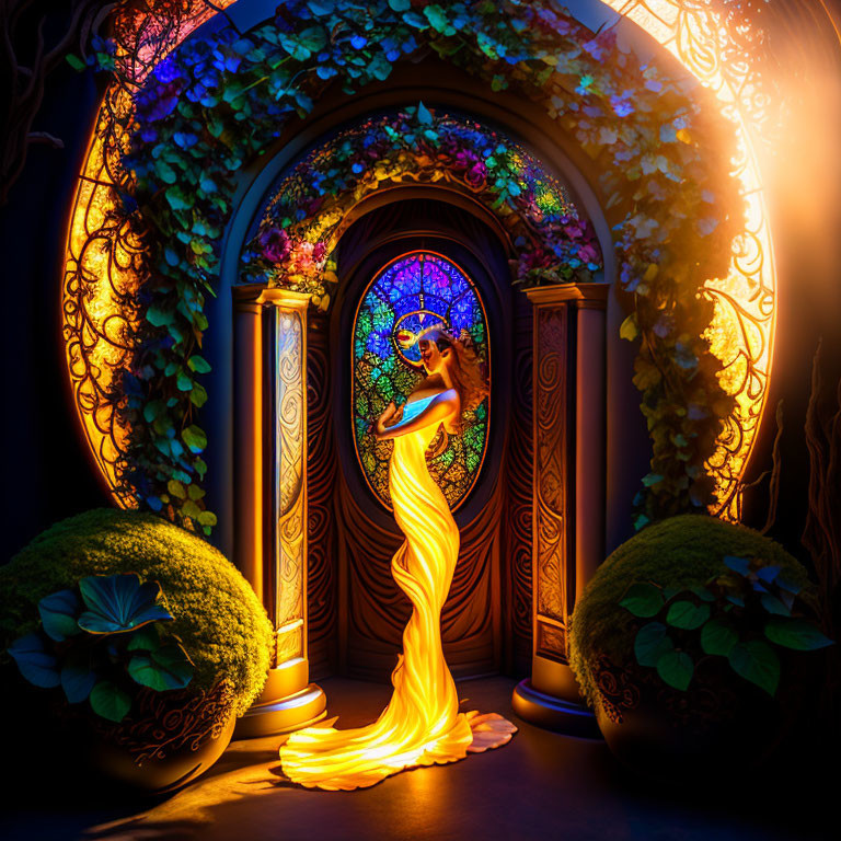 Woman in Gold Dress Standing in Mystical Doorway with Stained Glass Window