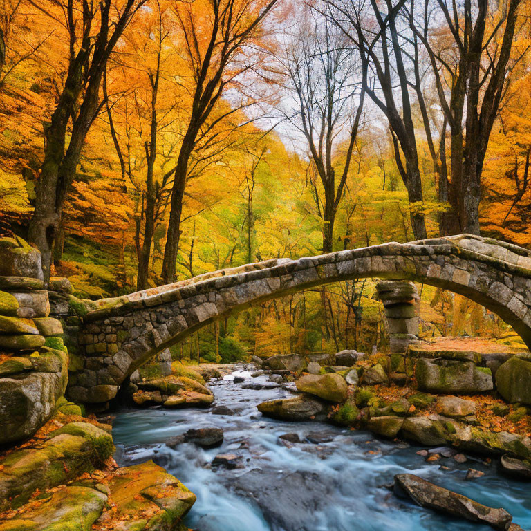 Stone bridge over rocky stream with autumn trees in yellow, orange, and red