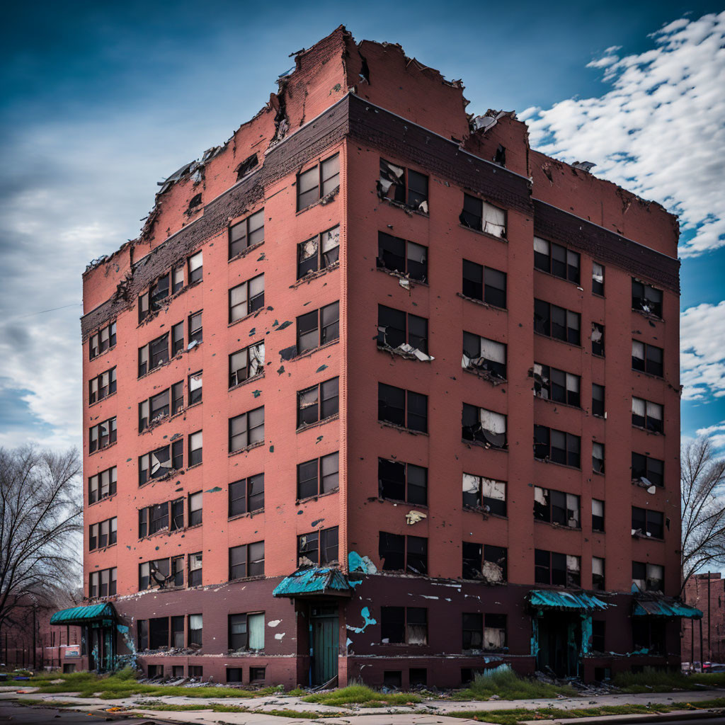 Abandoned red brick apartment building in disrepair
