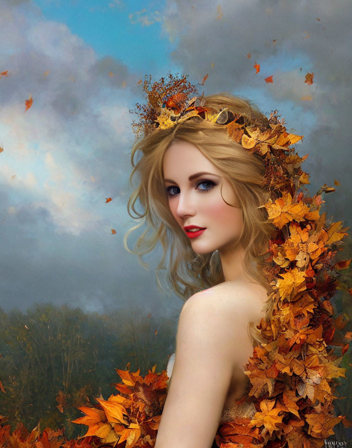 Woman adorned with autumn leaves in hair and cloak, against cloudy blue sky.