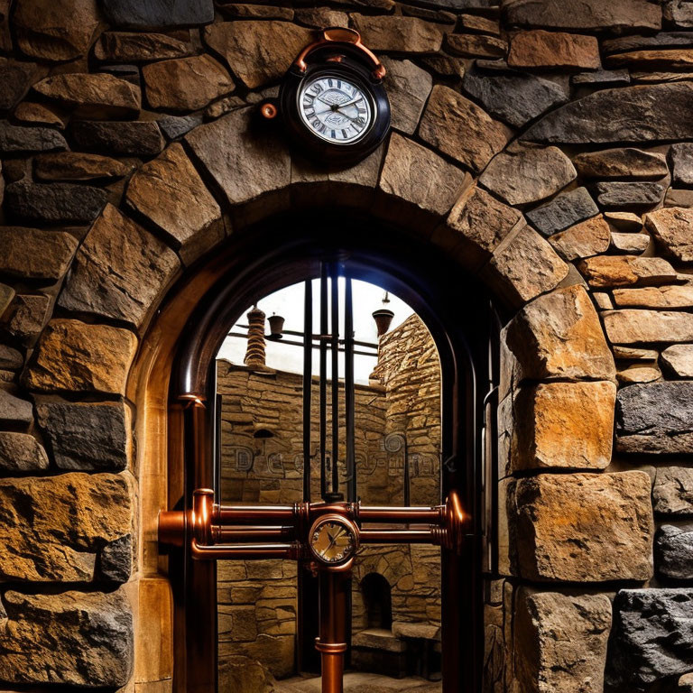 Vintage Clock Above Wooden Arched Door in Stone Wall with Copper Piping