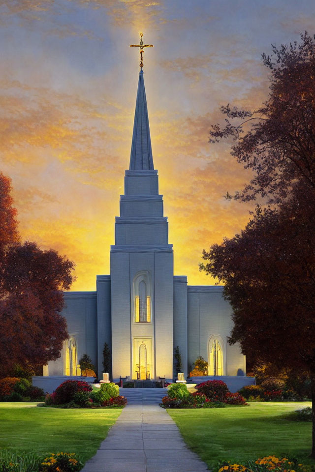 Church with Tall Spire and Gold Cross in Sunset Garden Setting