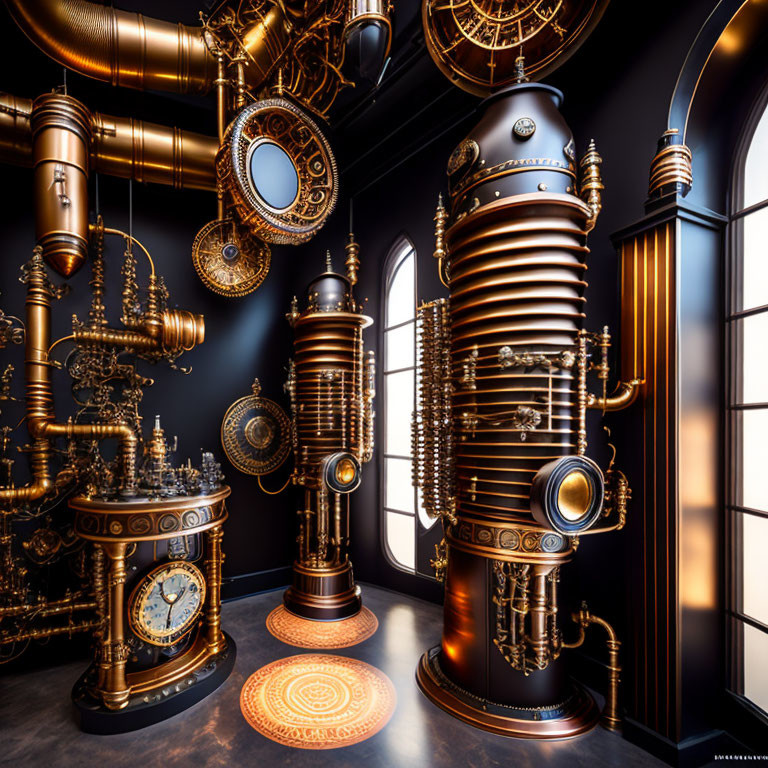 Opulent Steampunk-Themed Room with Brass Pipes & Vintage Clocks