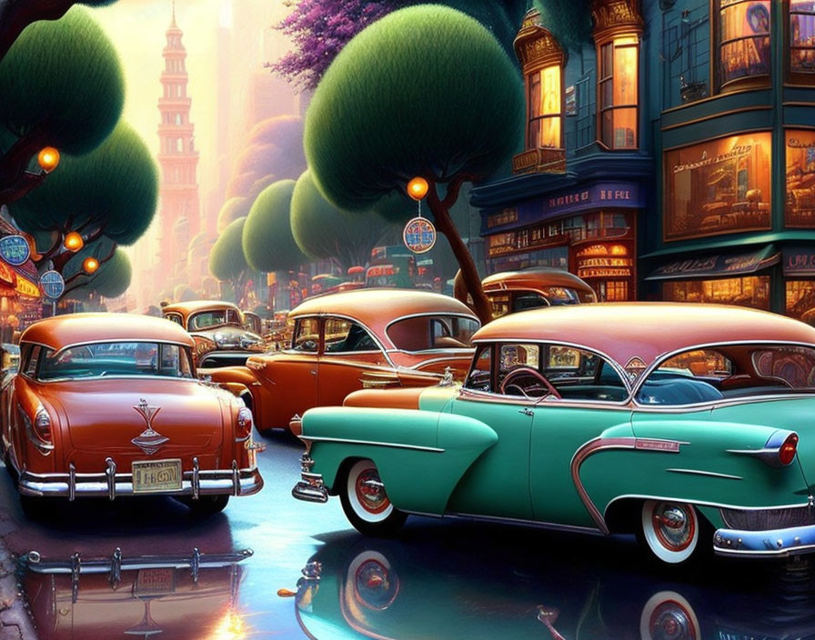 Vintage cars parked on vibrant city street with retro buildings and stylized trees