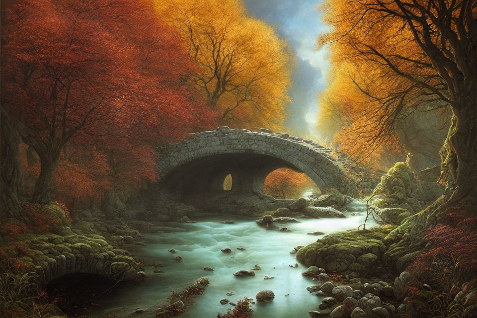Stone bridge over tranquil river with autumn trees under soft light