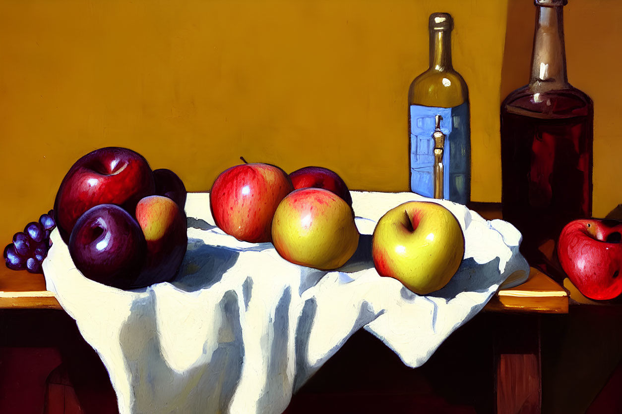 Classic still life painting with apples, grapes, draped cloth, wine bottle, and glass container on a