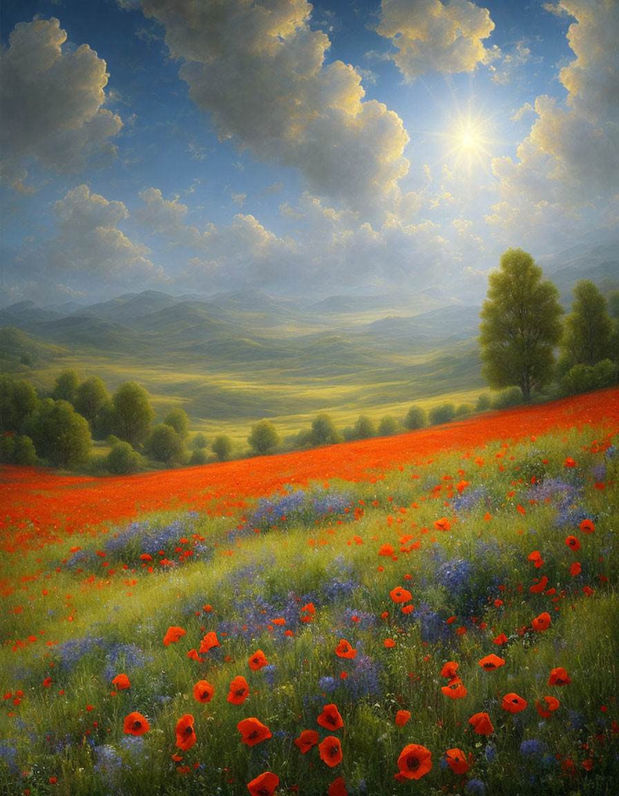 Colorful landscape painting with sunlit sky, green hills, red poppies, and blue flowers