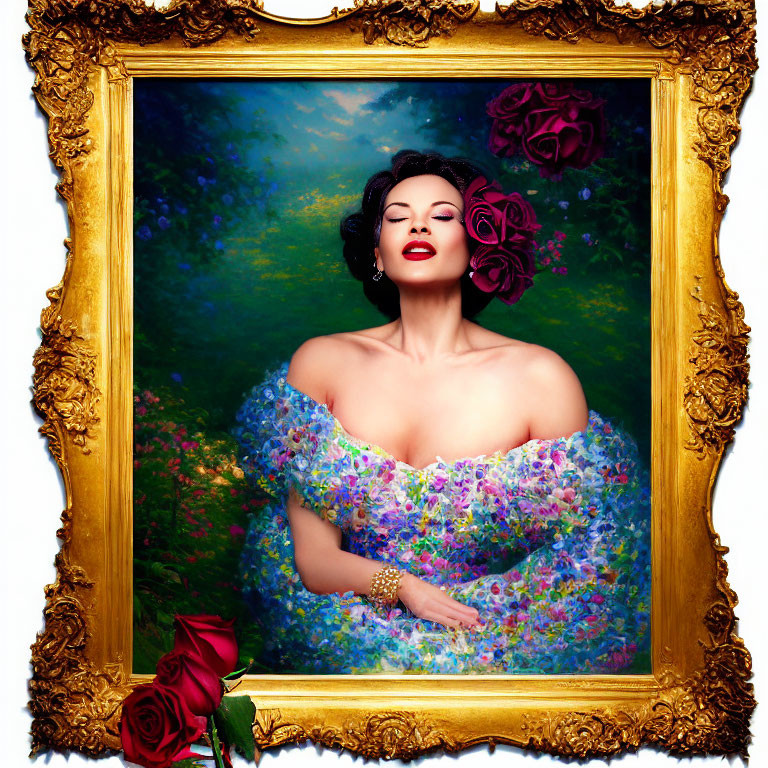 Woman in red lipstick and floral dress in golden frame with roses - classical romantic painting vibe