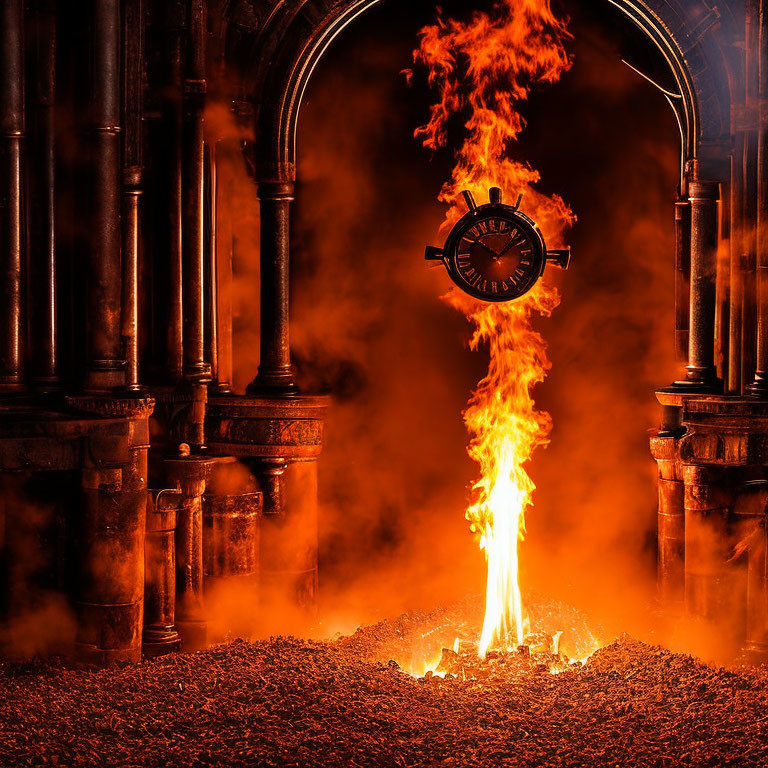Majestic stone structure with blazing fire and clock scene
