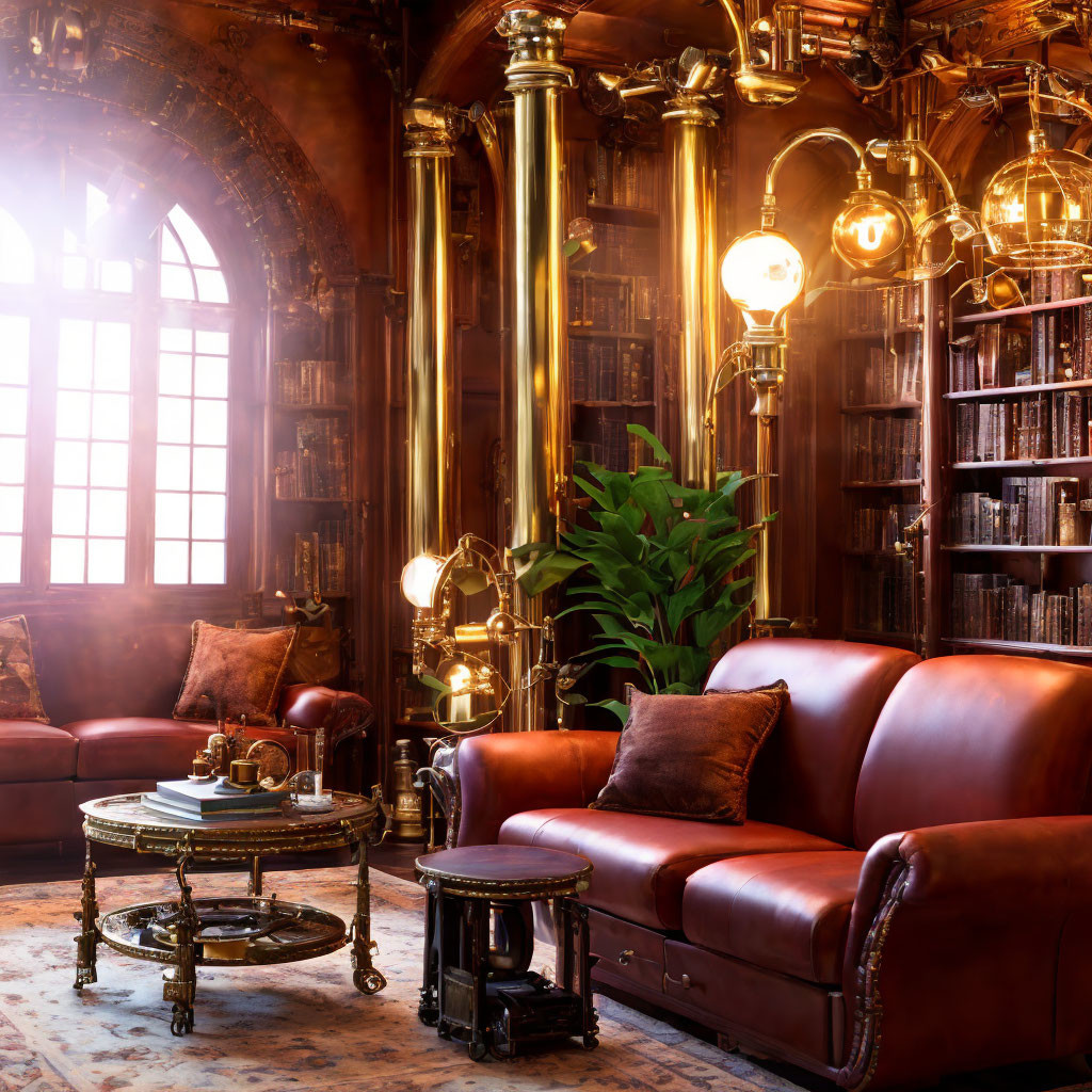 Vintage library with leather sofas, brass telescope, glowing lamps, wooden shelves, and tall plant.