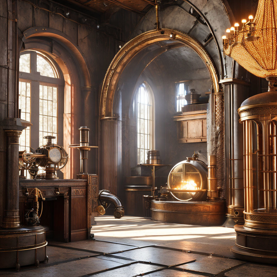Luxurious Steampunk Interior with Vintage Machinery and Brass Fixtures
