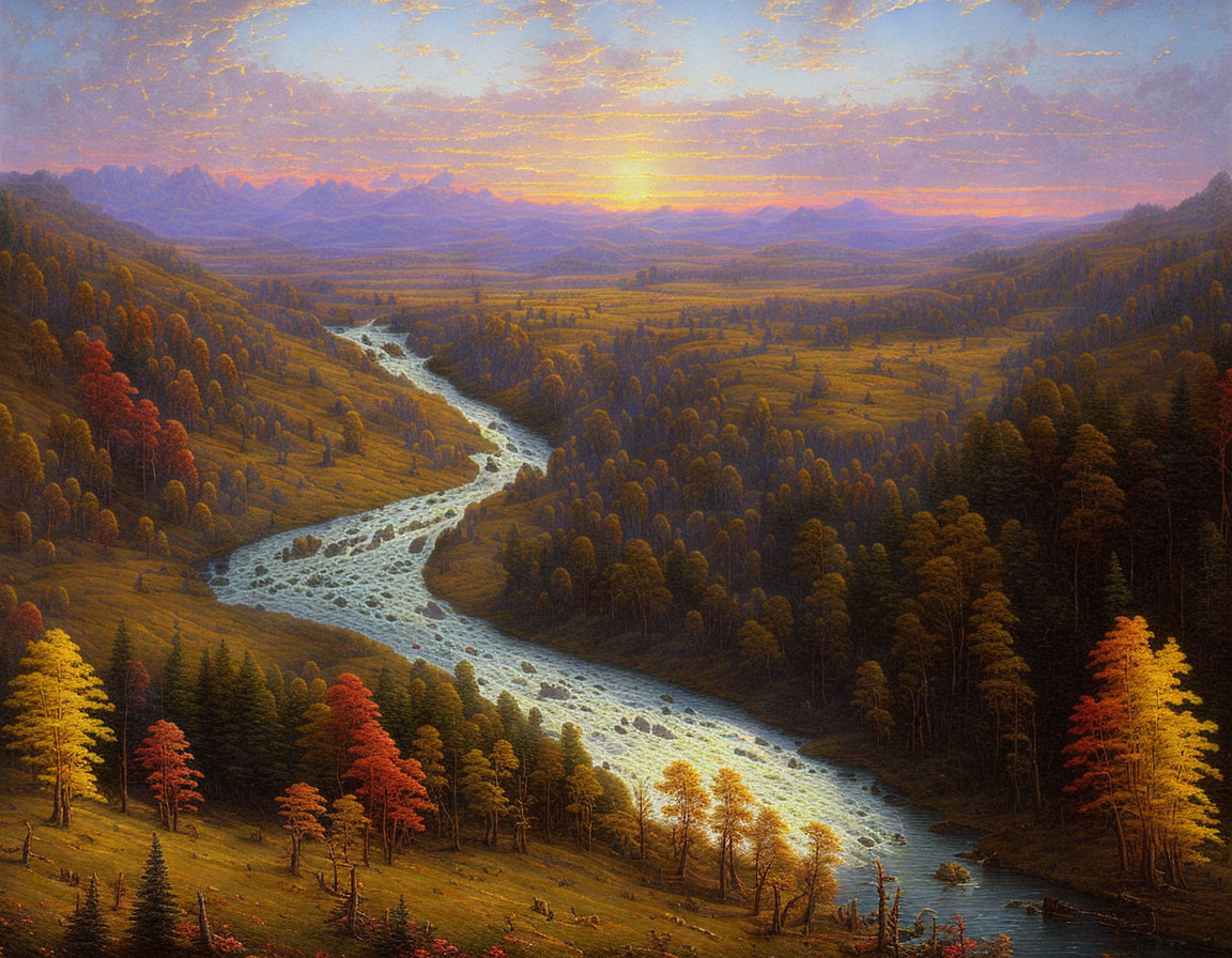 Scenic painting of sunset over mountain landscape with autumn trees