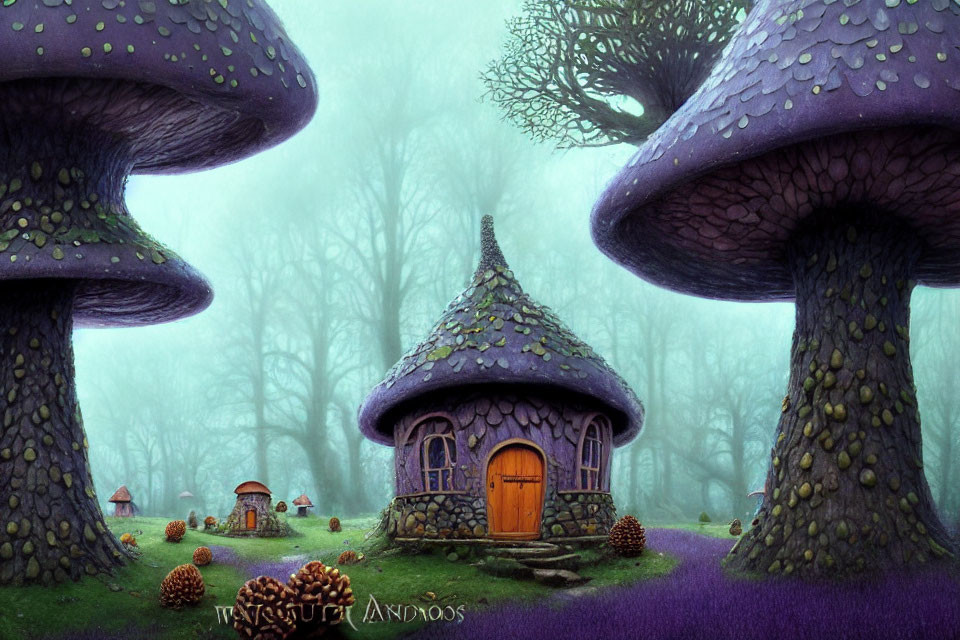 Illustration of Mushroom-Shaped House in Purple Forest