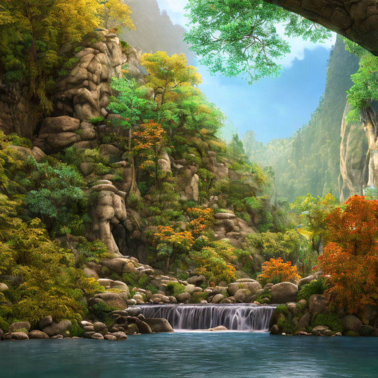 Serene waterfall surrounded by lush greenery and rocky cliffs