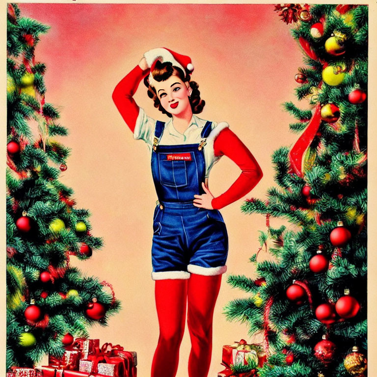 Classic Holiday Scene with Woman in Festive Attire Among Christmas Decor