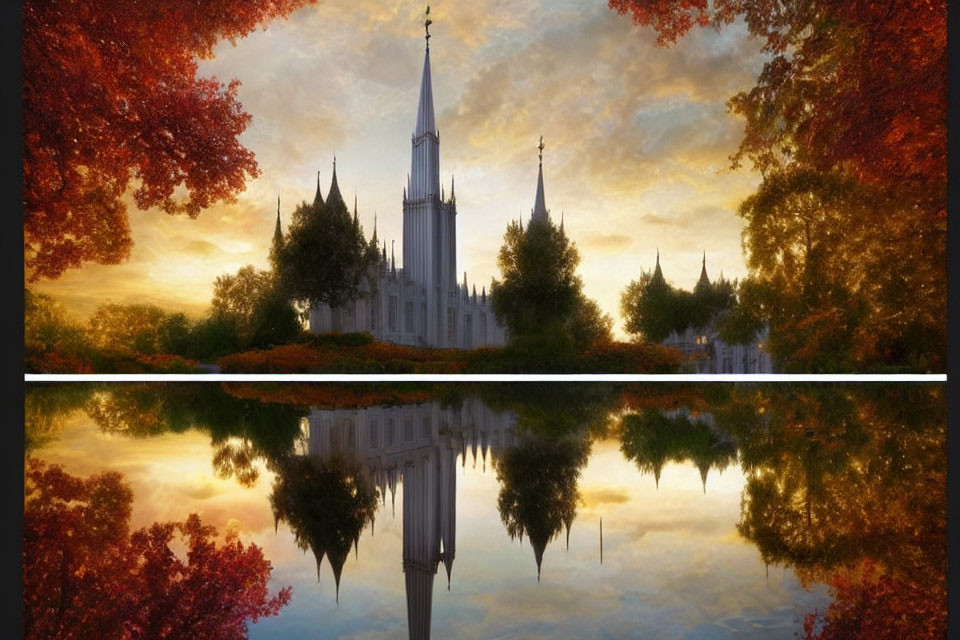 White spired church reflected in still water surrounded by autumn trees under soft sunset sky