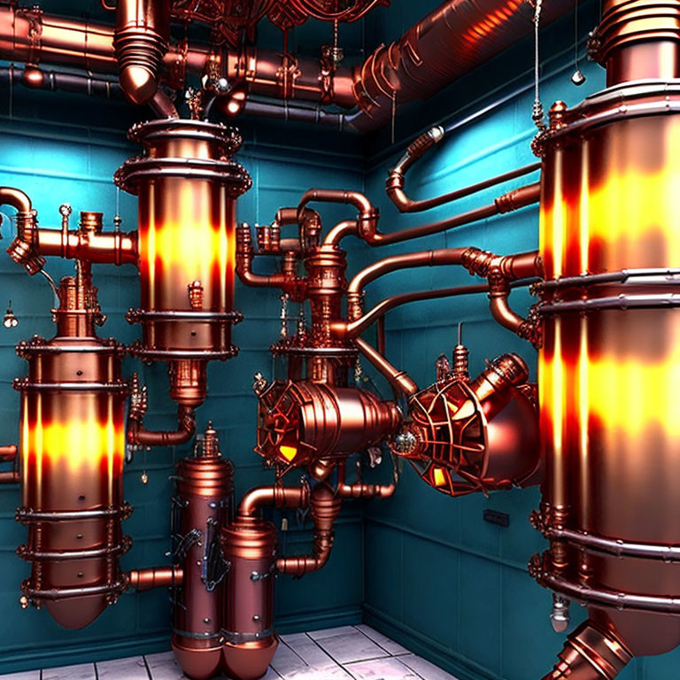 Futuristic 3D Machinery with Glowing Cylinders in Blue Room